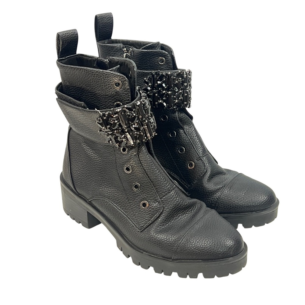 Karl Lagerfeld Black Leather Embellished Boots 7.5 Whimsigoth Grunge Chunky $250